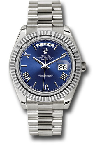 Rolex White Gold Day-Date 40 Watch - Fluted Bezel - Blue Bevelled Roman Dial - President Bracelet