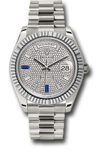 Rolex White Gold Day-Date 40 Watch - Fluted Bezel - Diamond Paved Baguette Diamond Dial - President Bracelet