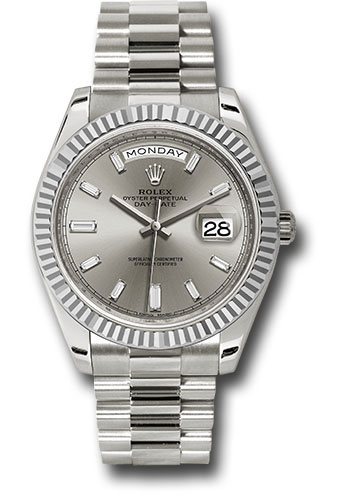 Rolex White Gold Day-Date 40 Watch - Fluted Bezel - Silver Baguette Diamond Dial - President Bracelet