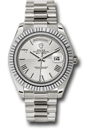 Rolex White Gold Day-Date 40 Watch - Fluted Bezel - Silver Quadrant Motif Bevelled Roman Dial - President Bracelet