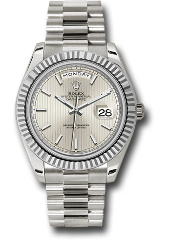 Rolex White Gold Day-Date 40 Watch - Fluted Bezel - Silver Stripe Motif Index Dial - President Bracelet