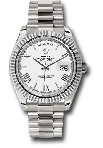Rolex White Gold Day-Date 40 Watch - Fluted Bezel - White Bevelled Roman Dial - President Bracelet