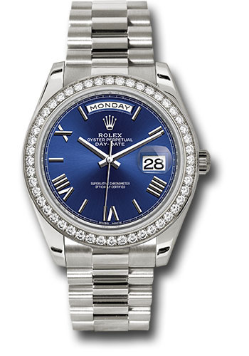 Rolex White Gold Day-Date 40 Watch - Bezel - Blue Bevelled Roman Dial - President Bracelet