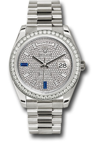 Rolex White Gold Day-Date 40 Watch - White Gold Bezel - Diamond Paved Baguette Diamond Dial - President Bracelet
