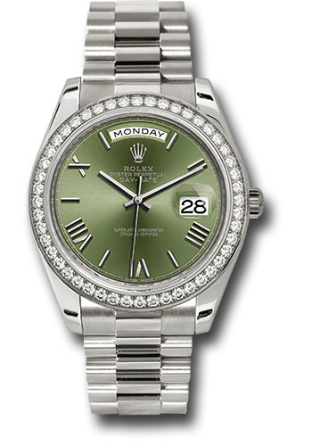 Rolex White Gold Day-Date 40 Watch - Bezel - Olive Green Bevelled Roman Dial - President Bracelet
