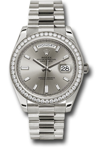 Rolex White Gold Day-Date 40 Watch - White Gold Bezel - Silver Baguette Diamond Dial - President Bracelet