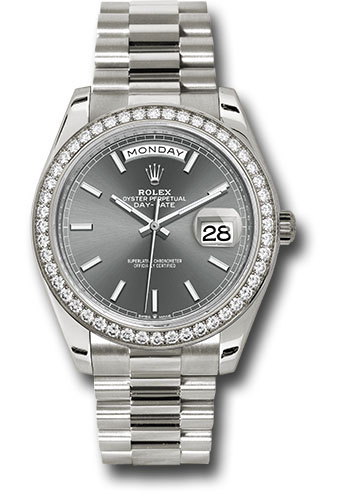 Rolex White Gold Day-Date 40 Watch - Diamond Bezel - Slate Index Dial - President Bracelet