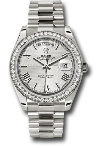 Rolex White Gold Day-Date 40 Watch - Bezel - Silver Quadrant Motif Bevelled Roman Dial - President Bracelet