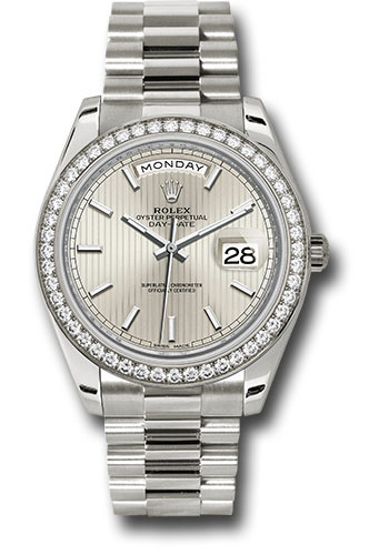 Rolex White Gold Day-Date 40 Watch - Bezel - Silver Stripe Motif Index Dial - President Bracelet