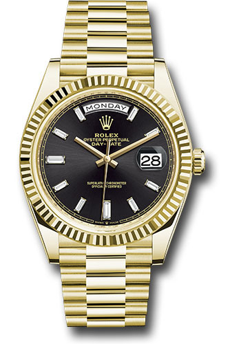 Rolex Yellow Gold Day-Date 40 Watch - Fluted Bezel - Black Baguette Diamond Dial - President Bracelet