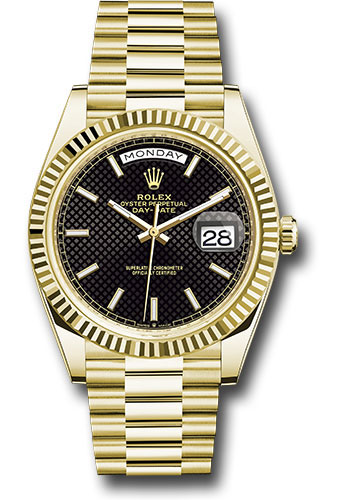 Rolex Yellow Gold Day-Date 40 Watch - Fluted Bezel - Black Diagonal Motif Index Dial - President Bracelet