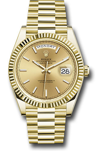 Rolex Yellow Gold Day-Date 40 Watch - Fluted Bezel - Champagne Index Dial - President Bracelet