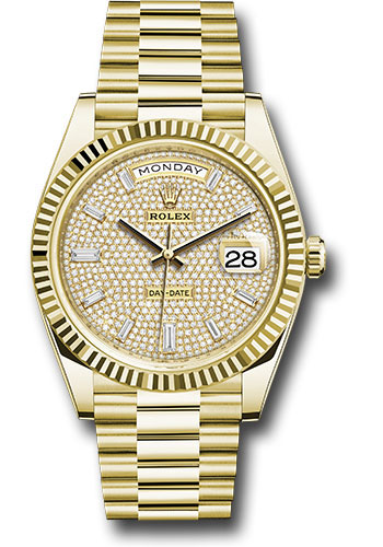 Rolex Yellow Gold Day-Date 40 Watch - Fluted Bezel - Diamond-Paved Dial - President Bracelet