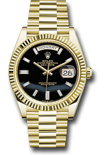 Rolex Yellow Gold Day-Date 40 Watch - Fluted Bezel - Onyx Dial - President Bracelet