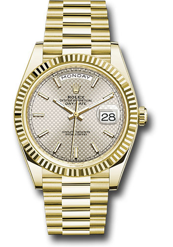 Rolex Yellow Gold Day-Date 40 Watch - Fluted Bezel - Silver Diagonal Motif Index Dial - President Bracelet