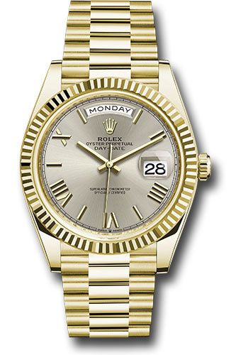 Rolex Yellow Gold Day-Date 40 Watch - Fluted Bezel - Silver Bevelled Roman Dial - President Bracelet