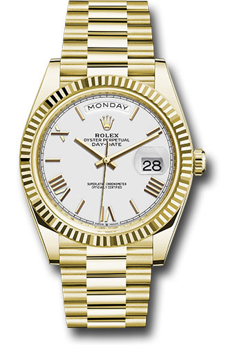 Rolex Yellow Gold Day-Date 40 Watch - Fluted Bezel - White Bevelled Roman Dial - President Bracelet
