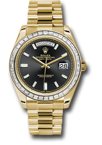 Rolex Yellow Gold Day-Date 40 Watch - Yellow Gold Bezel - Black Baguette Diamond Dial - President Bracelet