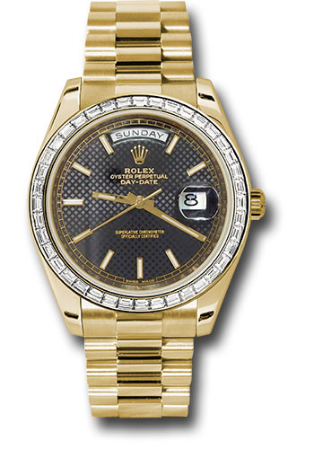 Rolex Yellow Gold Day-Date 40 Watch - Bezel - Black Diagonal Motif Index Dial - President Bracelet