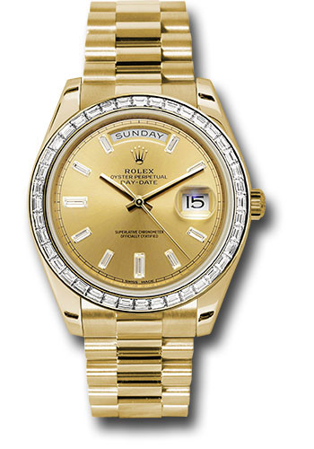 Rolex Yellow Gold Day-Date 40 Watch - Bezel - Champagne Baguette Diamond Dial - President Bracelet