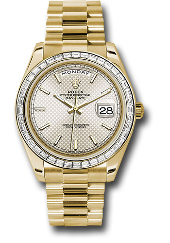 Rolex Yellow Gold Day-Date 40 Watch - Bezel - Silver Diagonal Motif Index Dial - President Bracelet