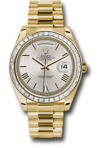 Rolex Yellow Gold Day-Date 40 Watch - Bezel - Silver Bevelled Roman Dial - President Bracelet
