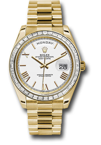 Rolex Yellow Gold Day-Date 40 Watch - Bezel - White Bevelled Roman Dial - President Bracelet