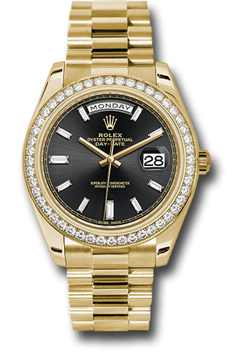 Rolex Yellow Gold Day-Date 40 Watch - Bezel - Black Baguette Diamond Dial - President Bracelet