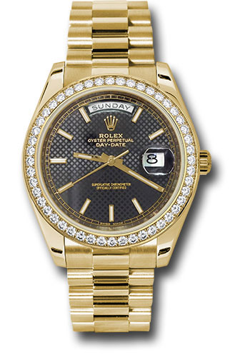 Rolex Yellow Gold Day-Date 40 Watch - Bezel - Black Diagonal Motif Index Dial - President Bracelet