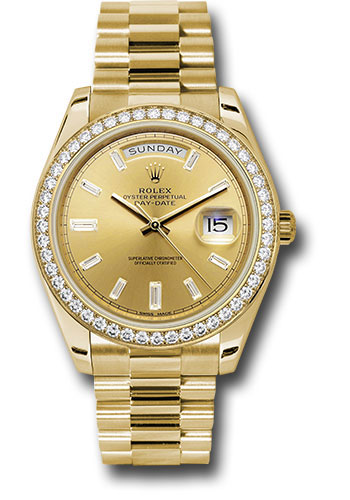 Rolex Yellow Gold Day-Date 40 Watch - Yellow Gold Bezel - Champagne Baguette Diamond Dial - President Bracelet