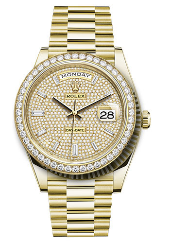Rolex Yellow Gold Day-Date 40 Watch - Diamond Bezel - Diamond-Paved Dial - President Bracelet