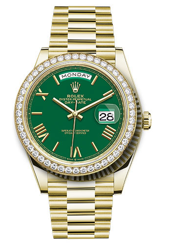 Rolex Yellow Gold Day-Date 40 Watch - Diamond Bezel - Green Roman Dial - President Bracelet