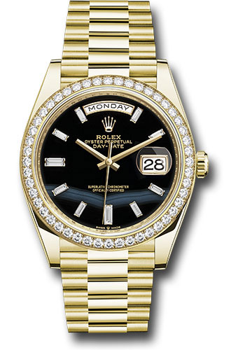 Rolex Yellow Gold Day-Date 40 Watch - Diamond Bezel - Onyx Dial - President Bracelet