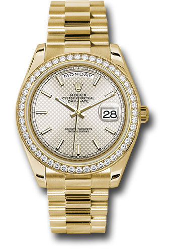 Rolex Yellow Gold Day-Date 40 Watch - Bezel - Silver Diagonal Motif Index Dial - President Bracelet