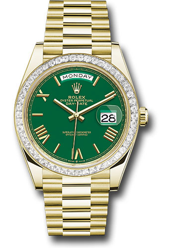 Rolex Yellow Gold Day-Date 40 Watch - Diamond Bezel - Green Roman Dial - President Bracelet