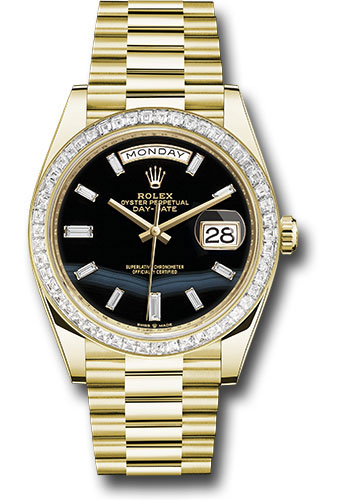 Rolex Yellow Gold Day-Date 40 Watch - Diamond Bezel - Onyx Dial - President Bracelet