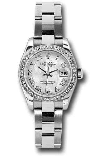 Rolex Steel and White Gold Lady Datejust 26 Watch - 46 Diamond Bezel - White Mother-Of-Pearl Roman Dial - Oyster Bracelet