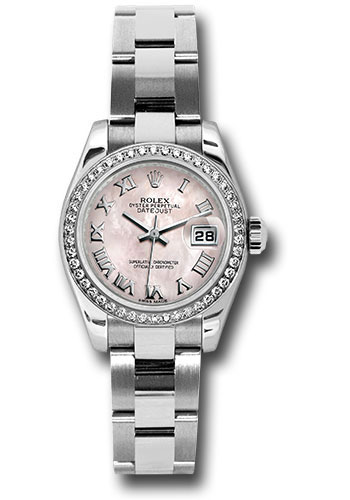 Rolex Steel and White Gold Lady Datejust 26 Watch - 46 Diamond Bezel - Pink Mother-Of-Pearl Roman Dial - Oyster Bracelet