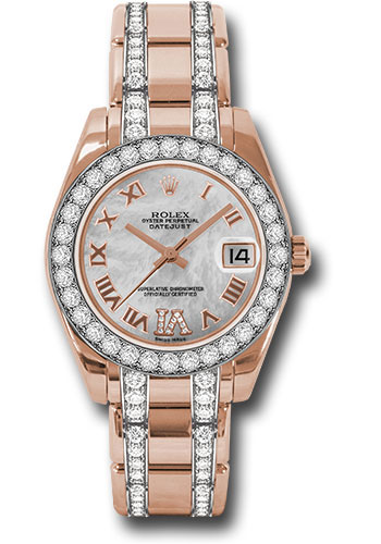 Rolex Everose Gold Datejust Pearlmaster 34 Watch - 32 Diamond Bezel - White Mother-Of-Pearl Roman Dial