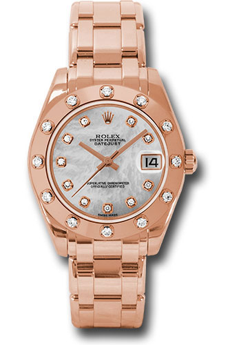 Rolex Pink Gold Datejust Pearlmaster 34 Watch - 12 Diamond Bezel - Mother-Of-Pearl Diamond Dial