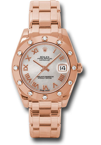 Rolex Pink Gold Datejust Pearlmaster 34 Watch - 12 Diamond Bezel - Mother-Of-Pearl Roman Dial