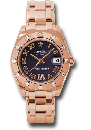 Rolex Pink Gold Datejust Pearlmaster 34 Watch - 12 Diamond Bezel - Purple Diamond Roman Vi Roman Dial