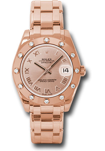 Rolex Everose Gold Datejust Pearlmaster 34 Watch - 12 Diamond Bezel - Pink Roman Dial