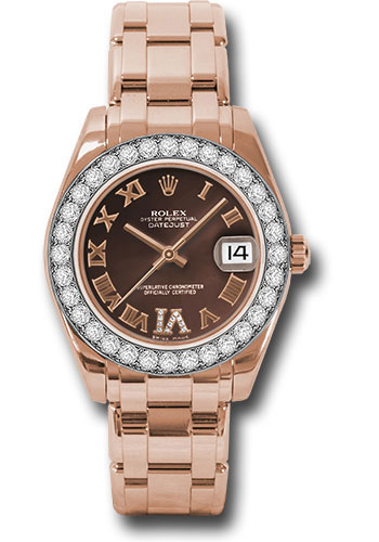 Rolex Everose Gold Datejust Pearlmaster 34 Watch - 32 Diamond Bezel - Chocolate Roman Dial