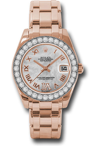 Rolex Everose Gold Datejust Pearlmaster 34 Watch - 32 Diamond Bezel - White Mother-Of-Pearl Roman Dial