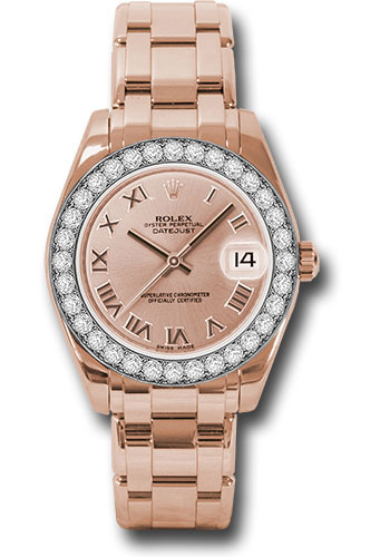 Rolex Everose Gold Datejust Pearlmaster 34 Watch - 32 Diamond Bezel - Pink Roman Dial