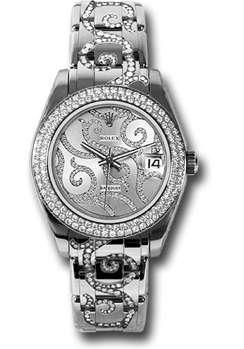 Rolex White Gold Datejust Pearlmaster 34 Watch - 116 Diamond Bezel - Rhodium Arabesque Diamond Dial