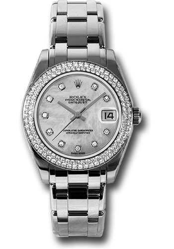Rolex White Gold Datejust Pearlmaster 34 Watch - 116 Diamond Bezel - Mother-Of-Pearl Diamond Dial