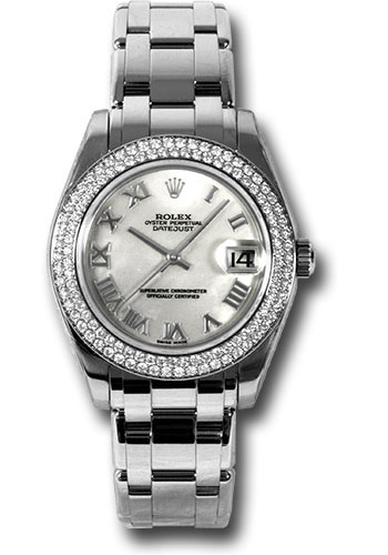Rolex White Gold Datejust Pearlmaster 34 Watch - 116 Diamond Bezel - Mother-Of-Pearl Roman Dial