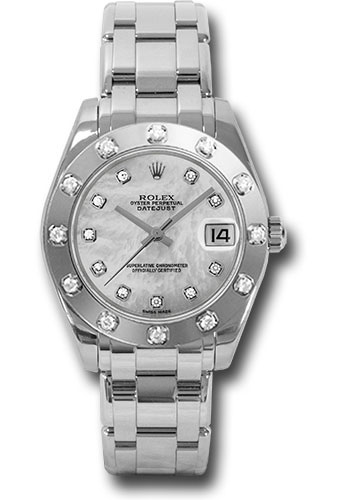 Rolex White Gold Datejust Pearlmaster 34 Watch - 12 Diamond Bezel - White Mother-Of-Pearl Diamond Dial